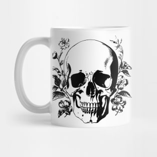Vintage Black and White Human Skull with Leaves and Flowers Mug